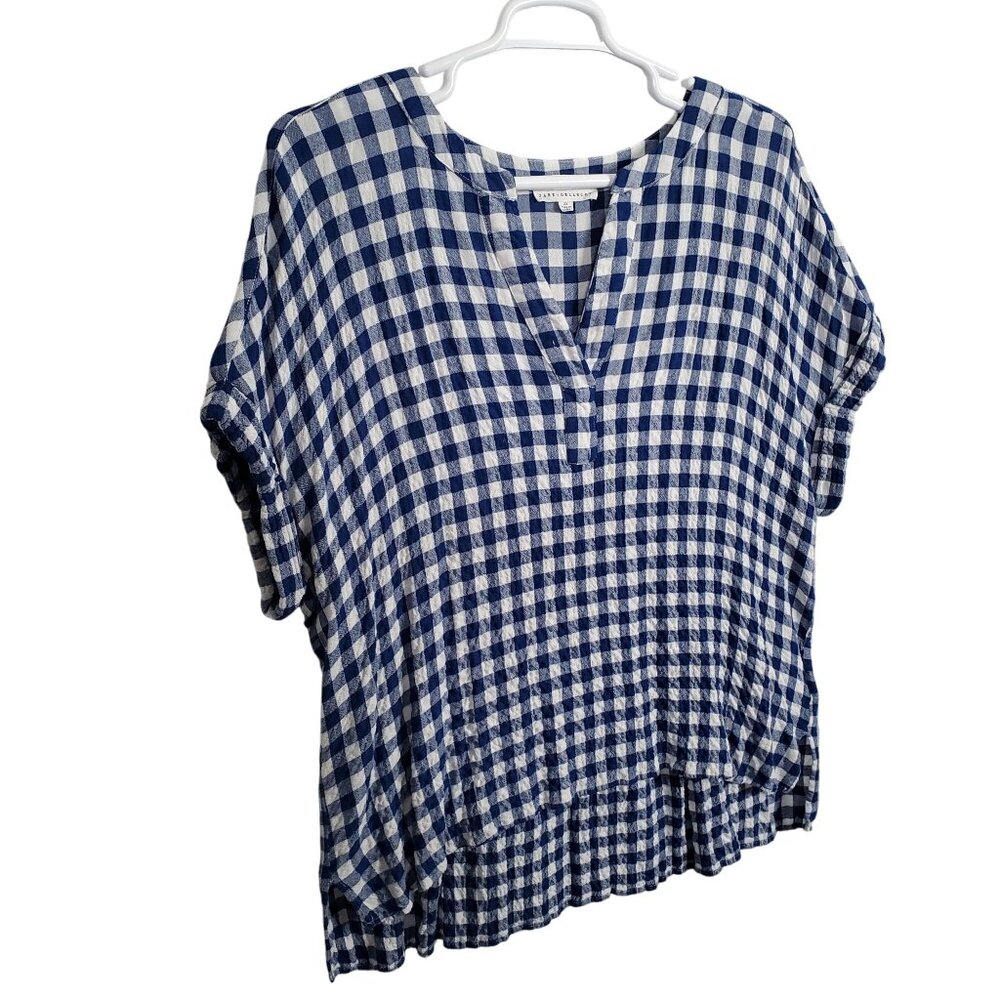 Jane + Delancey Size 2X Blouse Popover Gingham Check Hi Low Shirred Back Crinkle